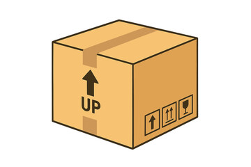 Sealed cardboard delivery box vector illustration. Brown carton package for shipping, moving, or storage. Parcel with fragile handling symbols, tape, and this side up arrow.