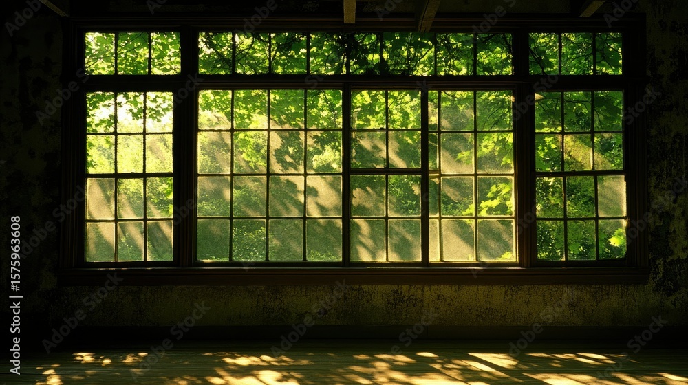 Poster sunlight streams through a large window into an old room.