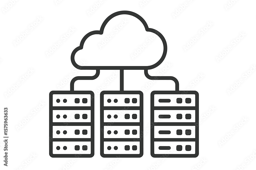 Poster cloud computing technology concept. data hosting servers connected to cloud storage. vector line ico