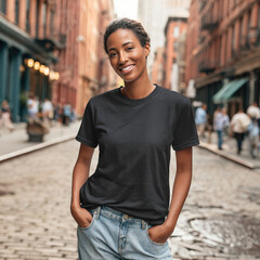 Fototapeta premium casually dressed woman smiles confidently while walking in city street. urban setting features historic buildings and lively , capturing moment of joy and style