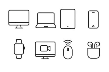 Device line icon set. Modern electronic gadgets. Computer, laptop, smartphone, tablet, smartwatch. Video conference concept. Wireless mouse and earbuds. Editable stroke vector.