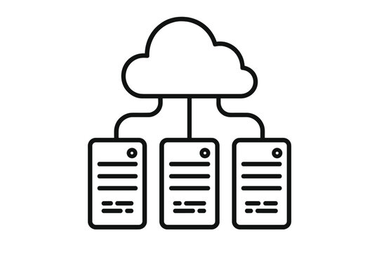 Cloud computing technology concept. Data hosting servers connected to cloud storage. Database network infrastructure icon. Information technology, web hosting vector illustration.