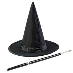 Classic Witchcraft Ensemble Conical Hat and Wand isolated on transparent background