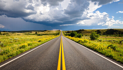Countryside Highway with Clear Yellow Center Line – High-Resolution Rural Road Landscape