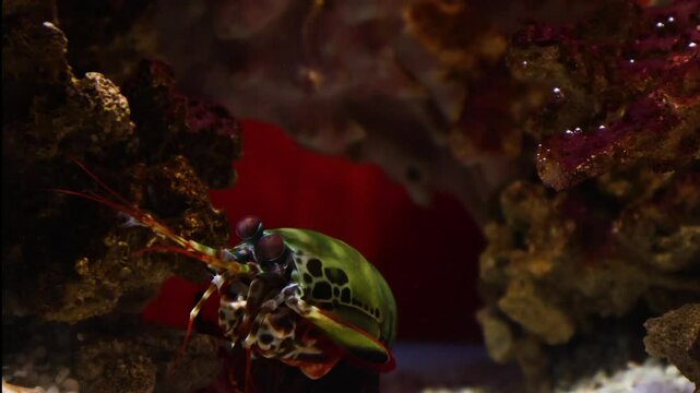 Colorful mantis shrimp peeking out from coral rocks in a vibrant aquarium