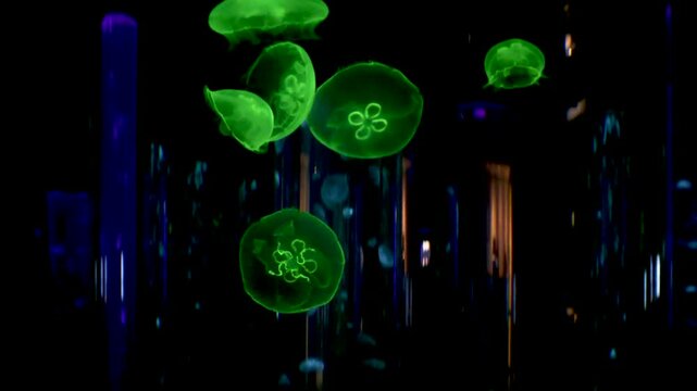 Jellyfish glow under blacklight in a dark aquarium, drifting slowly with luminous, ethereal grace