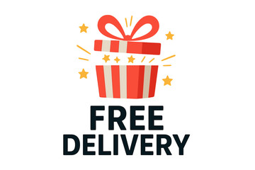 Free delivery promotion banner. E-commerce shipping concept with open surprise gift box. Online shopping bonus offer. Present icon for marketing and advertising. Vector design.