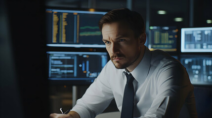 A man works intently in front of multiple computer screens in a dark room.