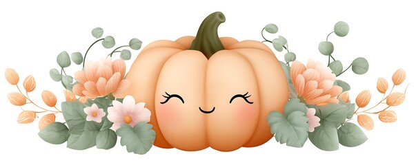 A cute pumpkin with flowers and leaves surrounding it on a white background illustration