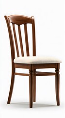 Wooden dining chair with a cushioned seat, isolated on a white background