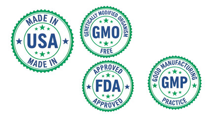 Made in USA | GMO Free | FDA Approved | GMP Good Manufacturing Practice Food and Product Labels for Marketing and Advertising