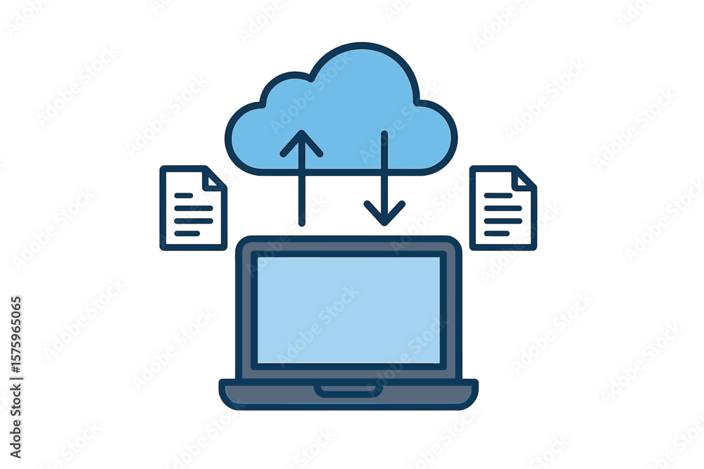 Poster cloud storage data transfer concept. laptop uploading and downloading files to cloud server. informa