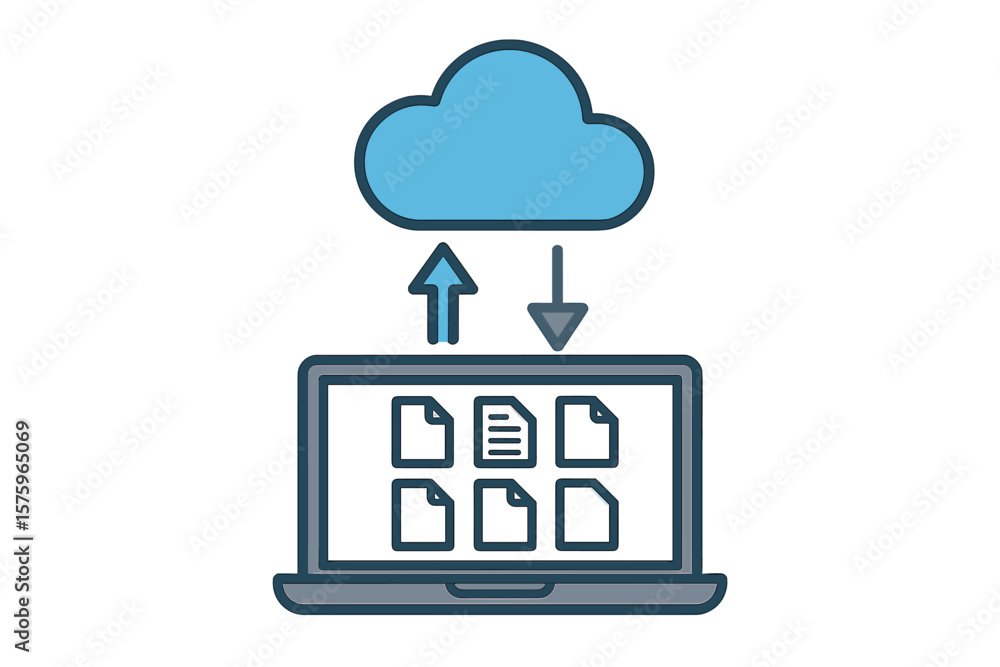 Poster cloud storage data transfer concept. laptop uploading and downloading files to cloud server. cloud c