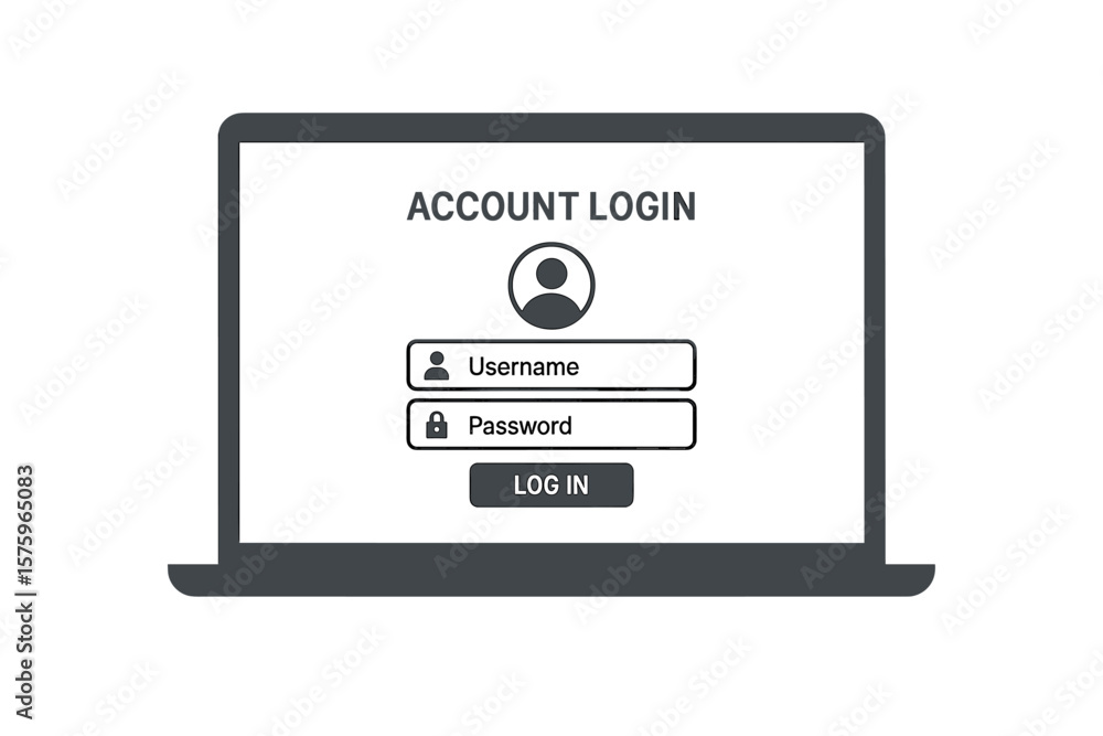 Poster secure account login page on laptop screen. vector illustration of username and password form, user 