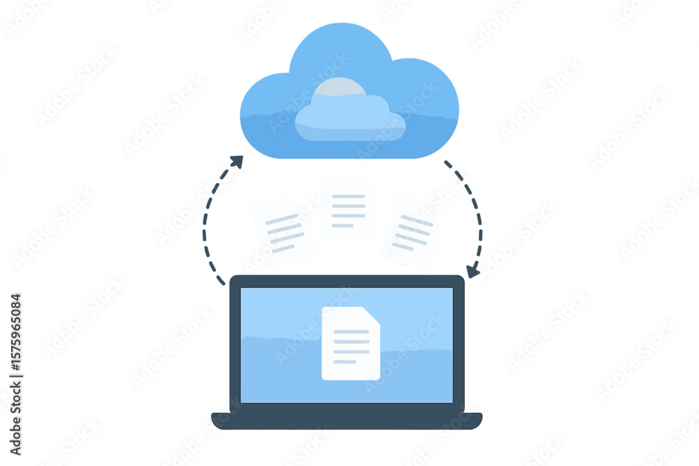 Poster cloud storage data transfer concept. laptop uploading files to cloud server. information exchange, c