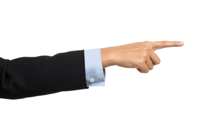 Hand pointing forward in business attire on a clean white backdrop