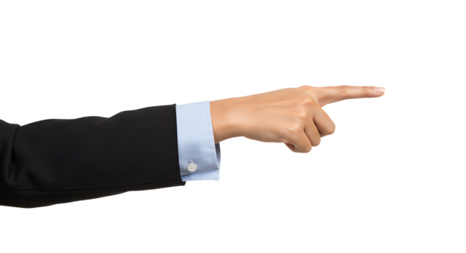 Hand pointing forward in business attire on a clean white backdrop
