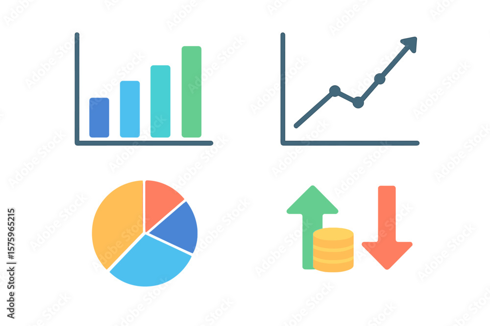 Poster set of flat business data chart icons. financial analytics and statistics elements. bar graph, pie c