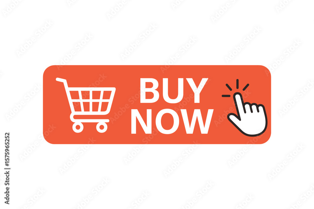 Poster buy now button with shopping cart. click here call to action web element. hand pointer clicking icon