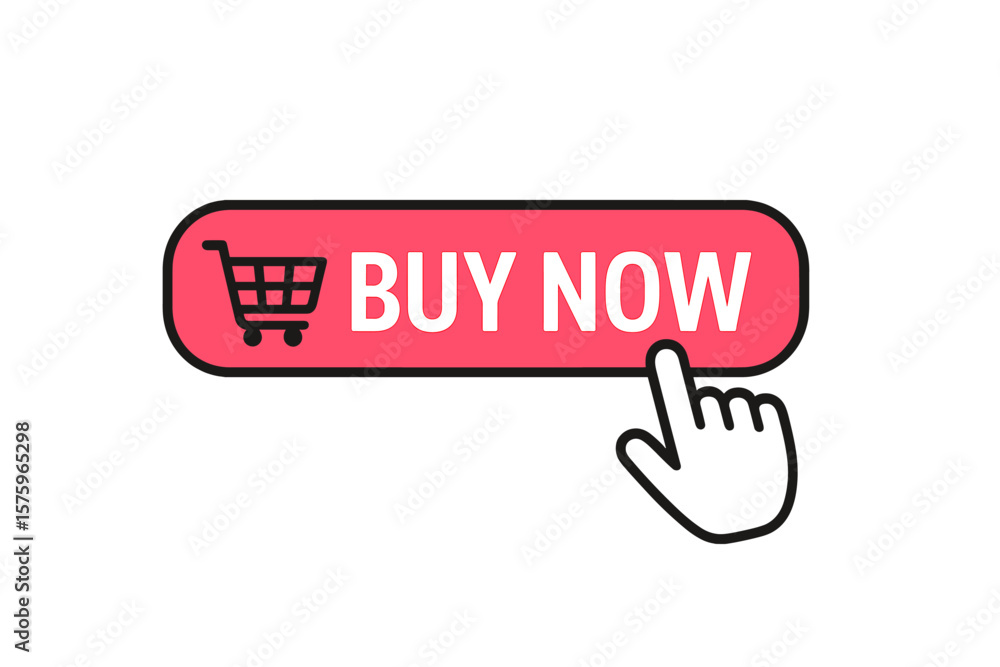 Fototapete buy now button with shopping cart icon and hand pointer cursor clicking. shop now call to action for