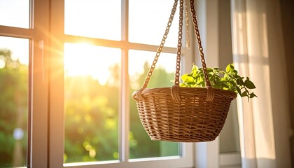 Fototapeta premium Hanging basket of herbs by sunny window