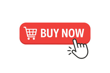 Buy now button with a shopping cart icon and a clicking hand cursor. A vector illustration concept for online shopping, e-commerce websites, and digital stores. Add to cart.