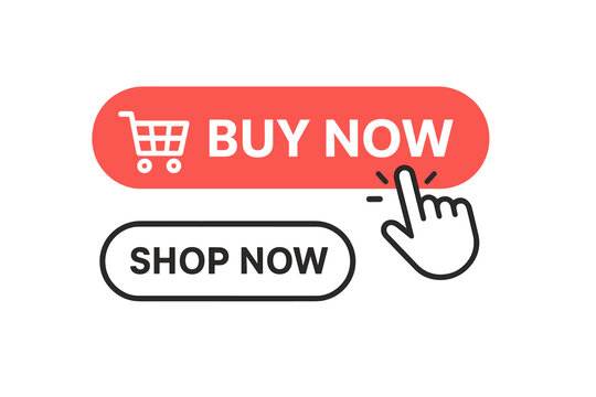 Buy now button with shopping cart and shop now button collection. Hand pointer clicking. Call to action for online shopping website. Web design element for e-commerce store.