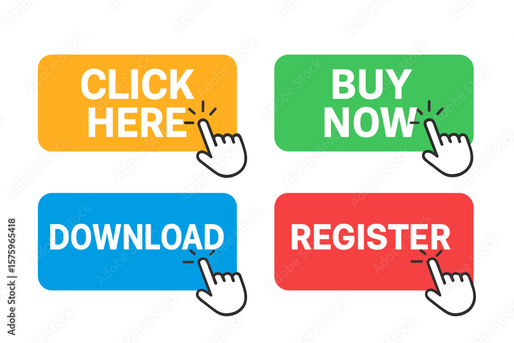 Fototapete set of click here, buy now, download and register web buttons with hand pointer cursor clicking. cal
