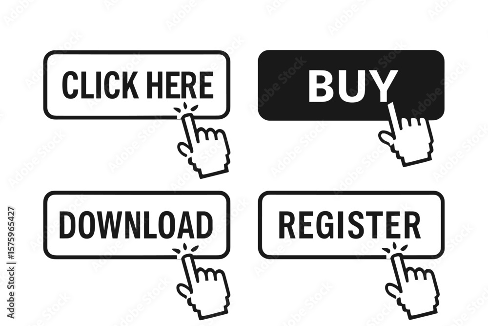 Fototapete Action buttons set with hand cursor pointer. Click here, buy, download, register icons for website interface. Call to action web element collection. Vector UI UX graphic.