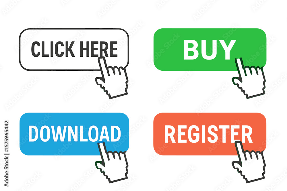 Fototapete Click here button with click cursor. Set of 4 action buttons for website, buy or download. Computer mouse hand pointer symbol. Touching cursor for UI UX design concept vector.