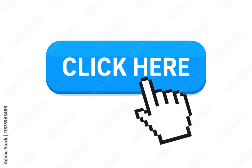 Fototapete click here button with hand pointer or mouse cursor. modern blue web action button for call to actio