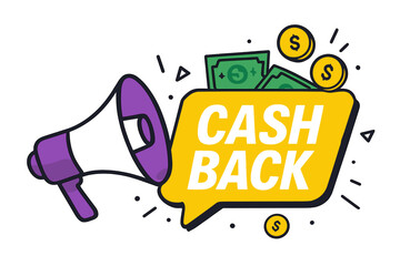 Cash back offer vector banner with megaphone. Return money concept illustration. Money refund service promotion. Loudspeaker label for business, marketing and advertising.
