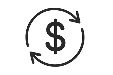 Cash back and currency exchange vector icon. Money refund or return symbol. Financial transaction, transfer, and payment concept. Dollar sign with circular arrows illustration.