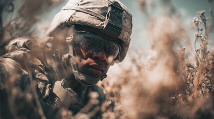 A soldier wearing tactical gear and camouflage face paint is crouched in dry grass, blending into the environment during a mission or training exercise.
