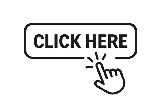 Click here web button. Hand pointer cursor clicking. Call to action concept. UI UX design element. Website graphic interface. Modern button icon for link. Tap, press. Vector.