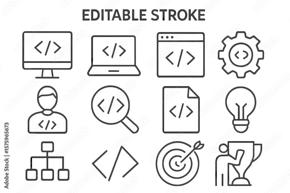 Poster programming coding development icon set. editable stroke line art. code symbol on monitor, laptop, b