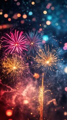 Fototapeta premium Colorful fireworks illuminate the night sky over a city during a festive celebration in summer