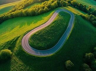 Beautiful, winding asphalt road in the mountains, with a green forest and meadow in the background. Summertime. Beautiful natural landscape of northern Italy. Panorama. Stock photo contest winner, pho