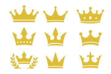 Gold crown vector icon set. Royal king, queen, and princess symbols. Luxury, premium, and VIP heraldic emblems. Majestic monarchy and power logo elements for branding.
