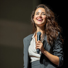 Portrait of a beautiful young woman singing passionately into a microphone on a dark background. Concept of music, performance, and talent.
