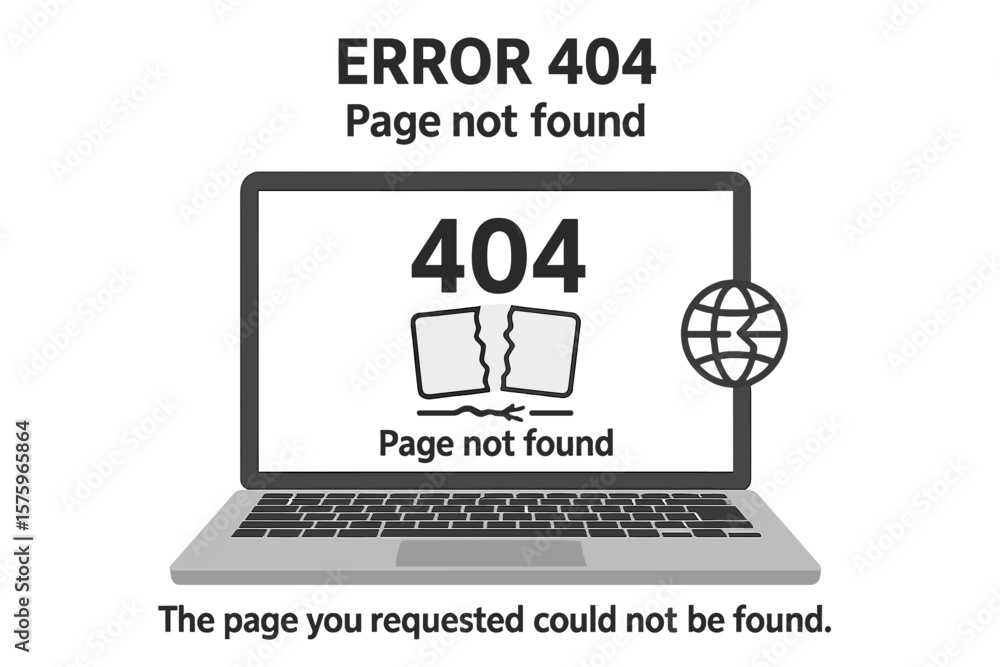 Fototapete Error 404 page not found concept. Website offline. System error on laptop screen. Broken internet connection. Web template for presentation. Disconnected page vector design.