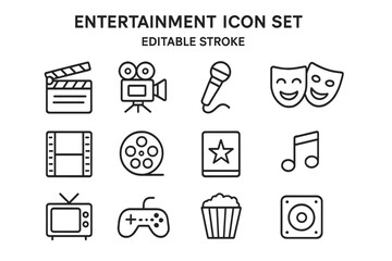 Entertainment icon set. Movie, cinema, film, video, music, gaming, theater concept. Vector line icons. Clapperboard, camera, microphone, tv, gamepad, popcorn. Editable stroke.