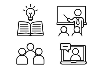 Linear Style Education and Learning Icons Set – Book Idea, Classroom Teaching, Group, Online Student, School Knowledge, Digital Learning, Web App, Back to School