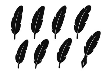 Feather vector set flat style. Pen icon. Black quill feather silhouette. Writer, author, poetry, literature concept. Old letter. Ink signature. Retro, vintage, classic symbol.