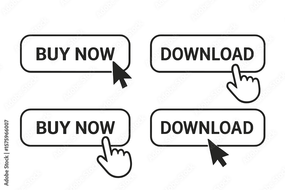 Poster buy now and download action buttons set. website click buttons with mouse cursor and hand pointer ic