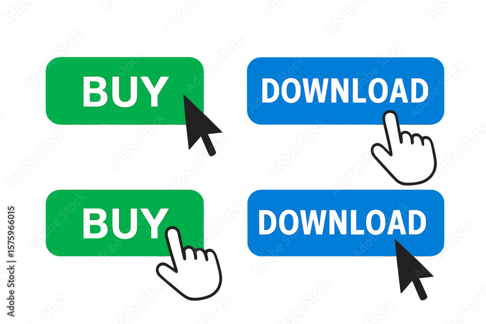 Poster buy and download action buttons set. green buy button. blue download button. mouse cursor and hand p