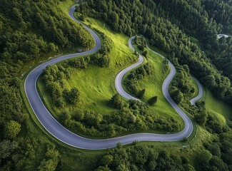 Beautiful, winding asphalt road in the mountains, with a green forest and meadow in the background. Summertime. Beautiful natural landscape of northern Italy. Panorama. Stock photo contest winner, pho