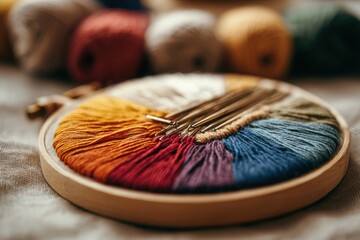 Colorful embroidery threads arranged in a circular pattern with needles, surrounded by yarn spools