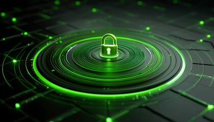 A glowing green padlock on concentric circles with connected lines in a dark environment