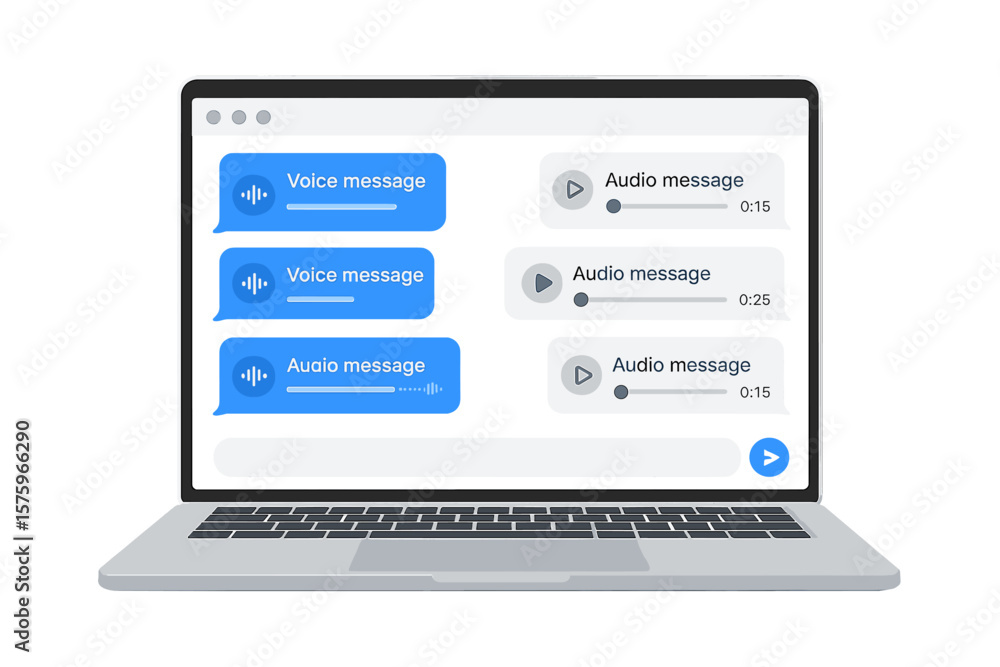 Poster laptop with voice and audio messages on screen. online chat app interface. modern communication in m
